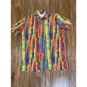 Hreski Colorful Stripe Golf Polo Shirt L Men Short Sleeve Abstract Art Soft Neon